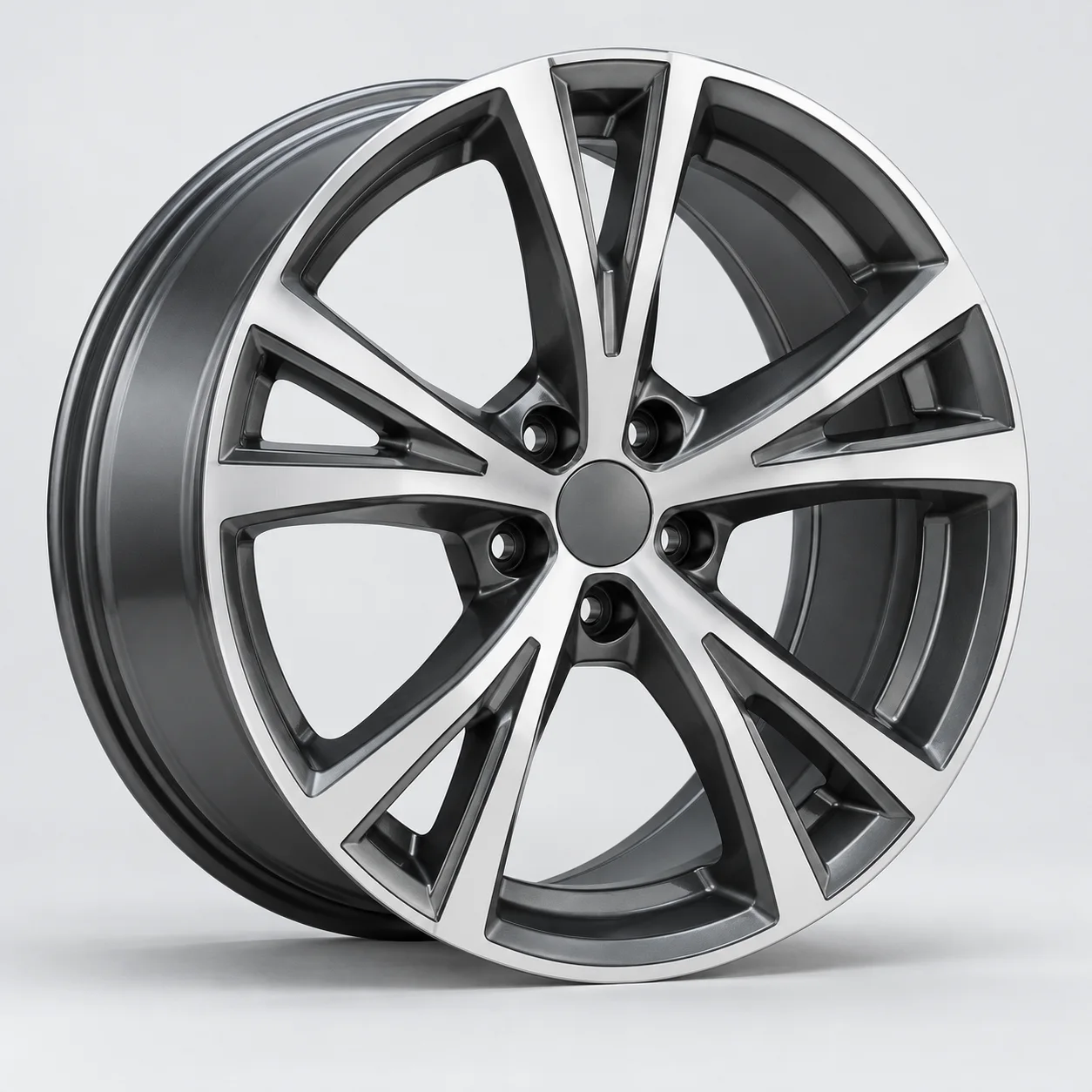 Silver and graphite cast passenger car alloy wheel