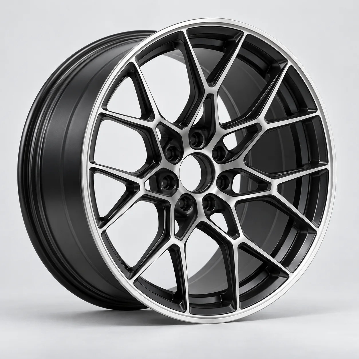 Black and machined forged passenger car alloy wheel